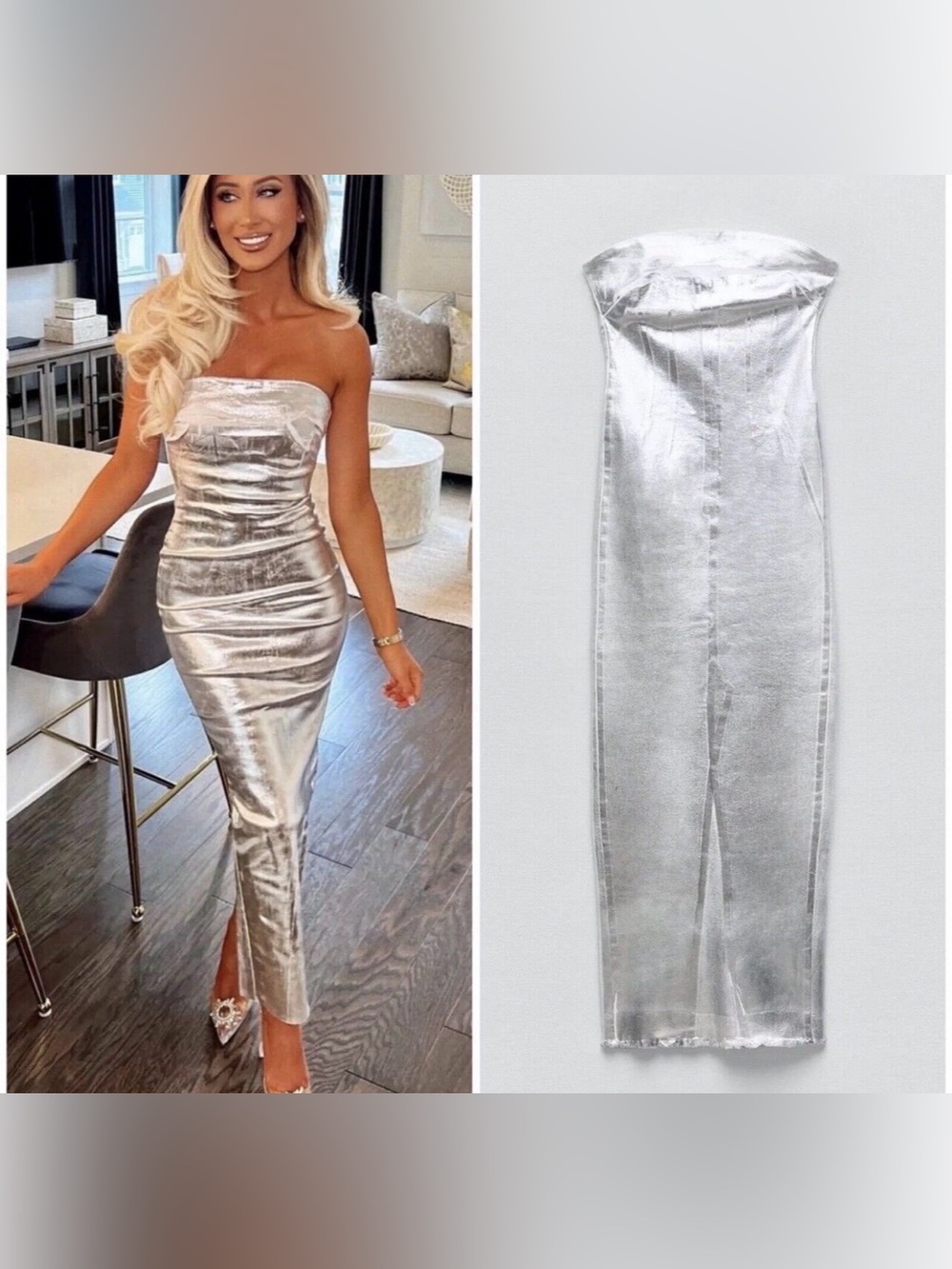 Strapless Silver Midi Dress